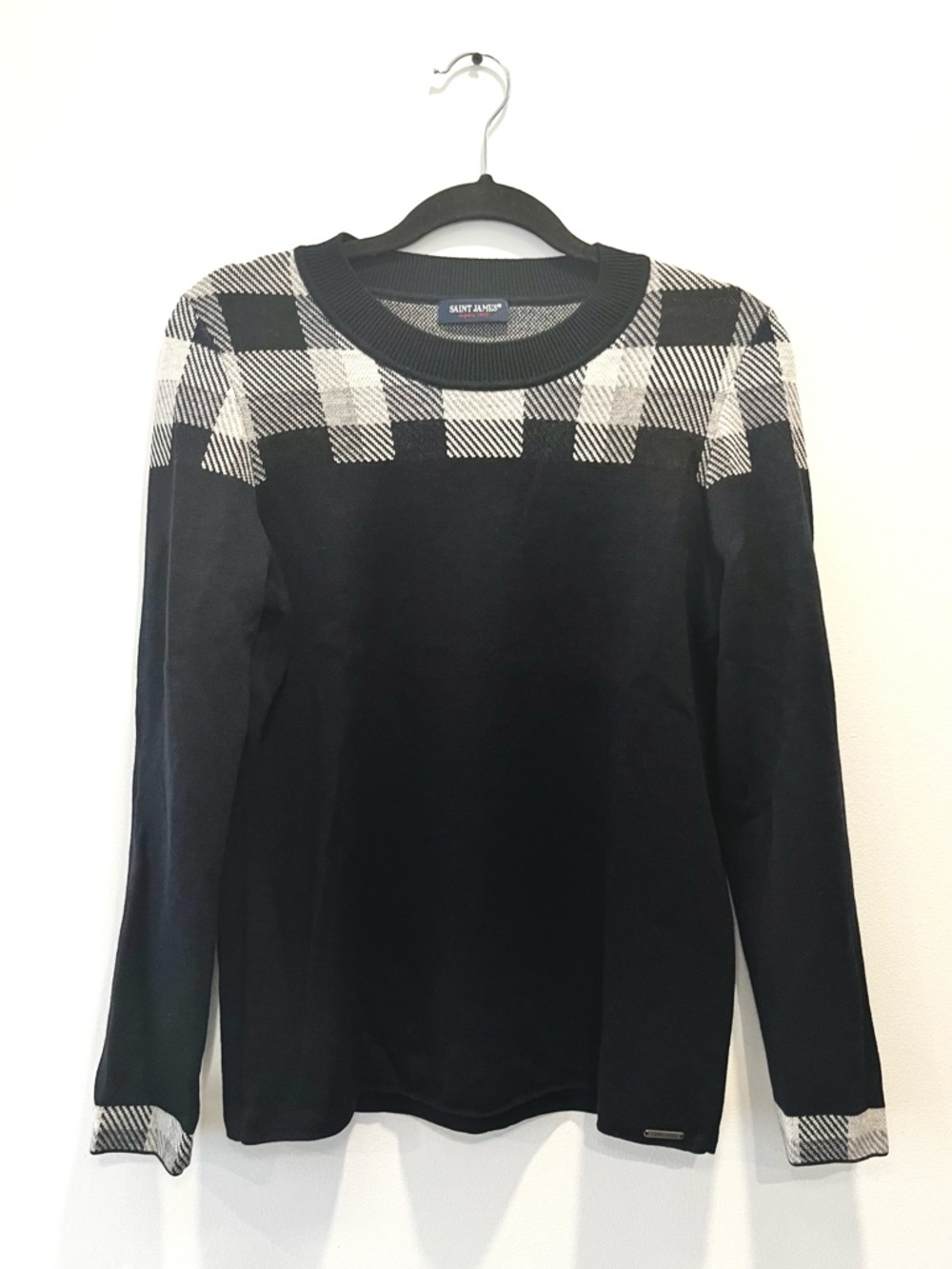 Saint James Wool Breton Black White Gray Plaid Stripe Crewneck Sweater size 6